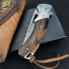 Damascus Steel Floral Design Folding Knife and Cowhide Sheath